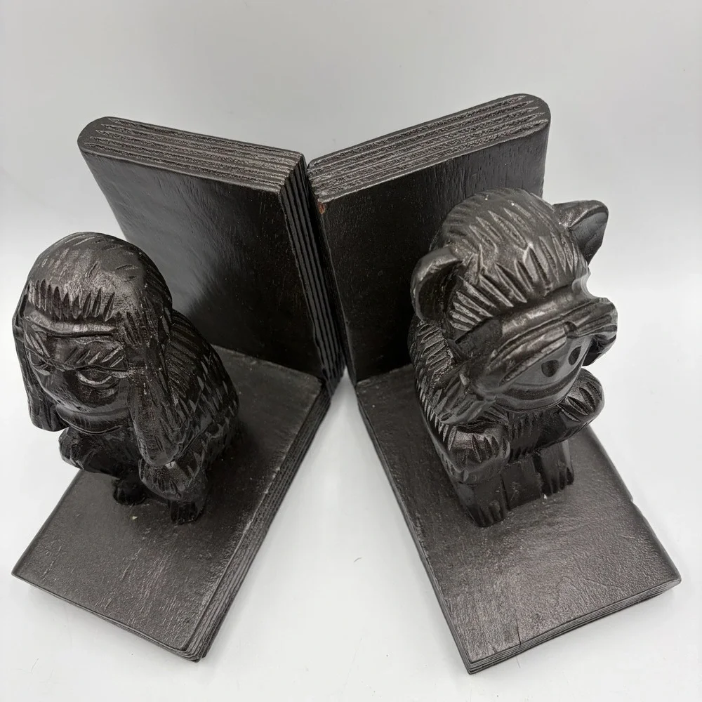 VTG Decorative See No Evil Hear No Evil Monkey Bookend Pair Carved  Rustic MCM